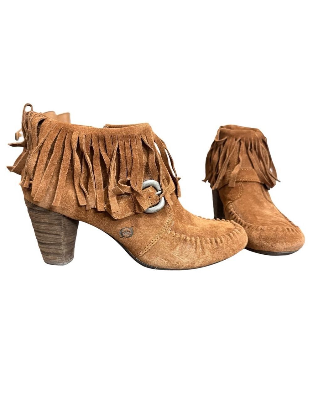 Born Women’s 8.5 Suede Fringe Moc Toe Ankle Boots Brown Block Heel Western Boho